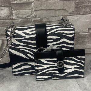 Michael Kors Greenwich Black and White Zebra Crossbody Bag and Wallet Set